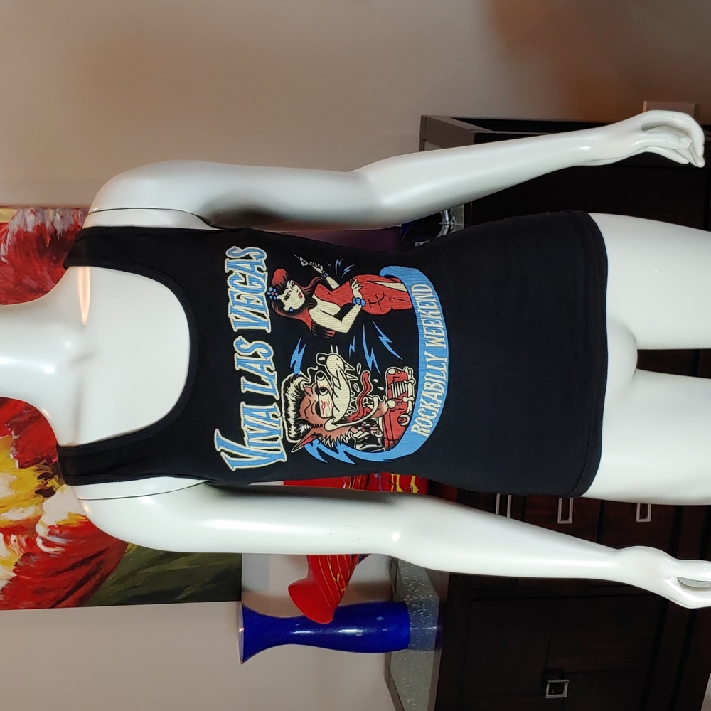 Junior XL Viva Las Vegas Rockabilly Weekend Women's Black Ribbed Tee Shirt
